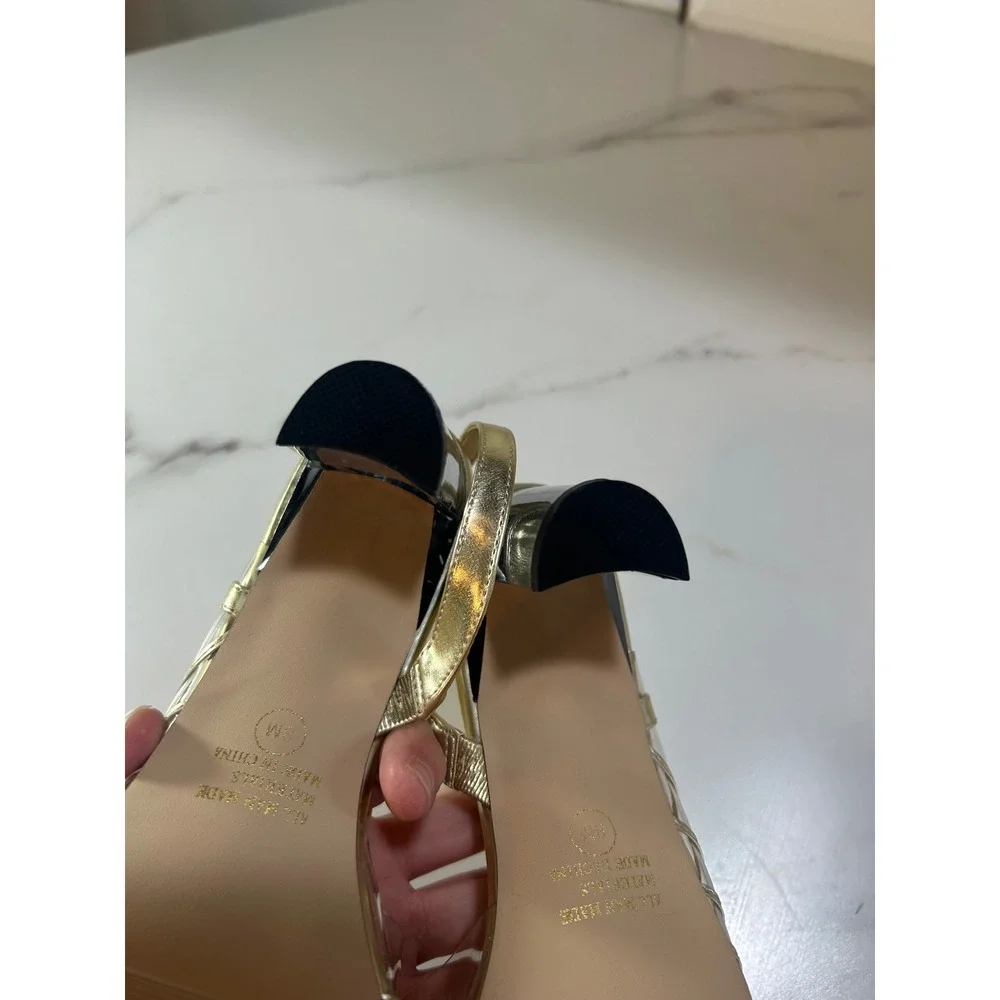 Annie Gold Metallic Clear Lucite Block Heel Slingback Sandals Rhinestone Size 8M